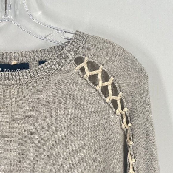 525 American Merino Wool Tan Long Sleeve Sweater Lace Up Sz Small - Picture 2 of 5